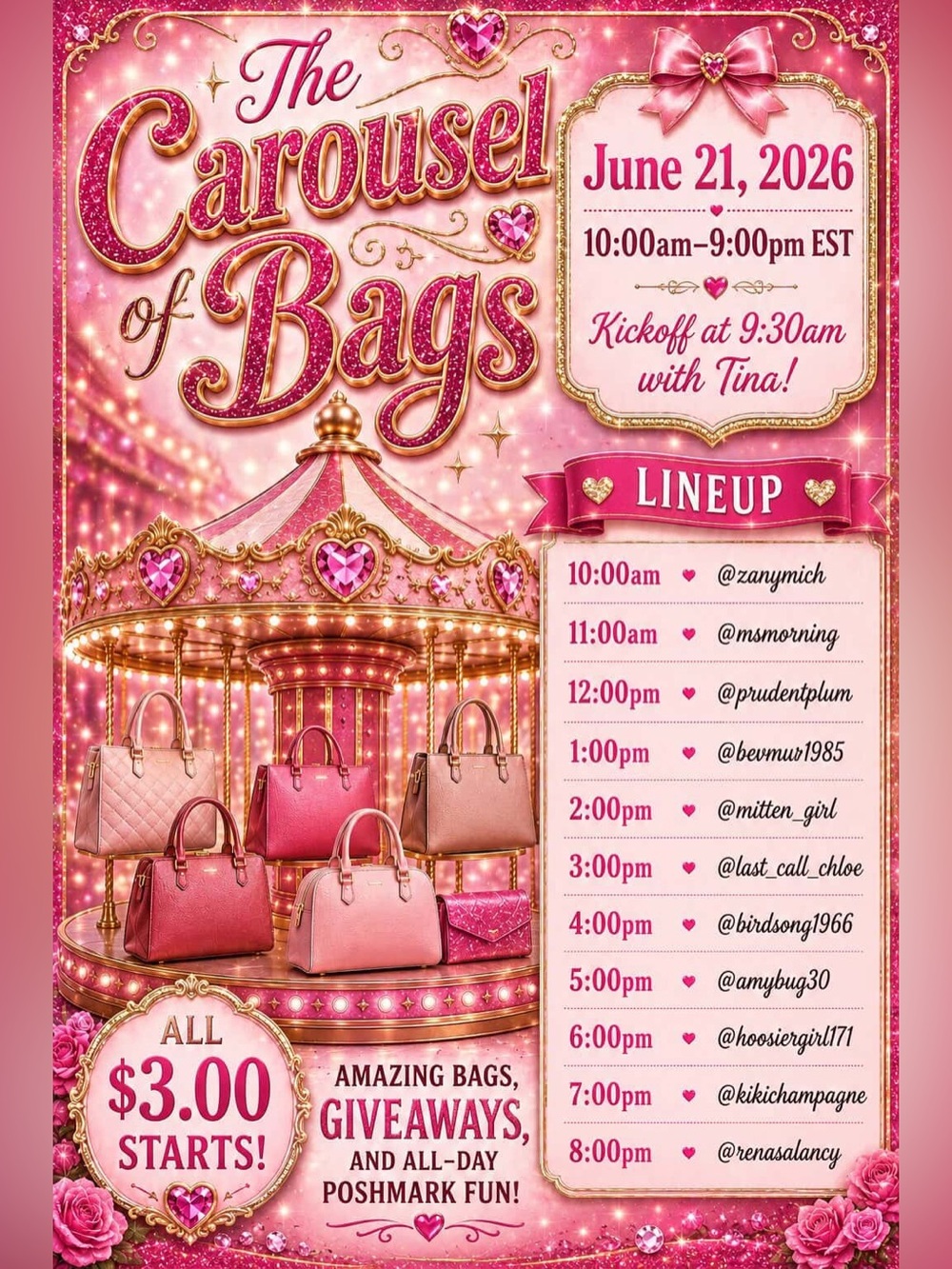 Carousel of Bags! $3 Starts on all Bags! 6/21/26